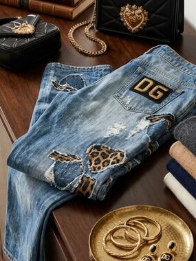 Dolce & Gabbana Light Blue Distressed Jeans with Leopard Patchwork